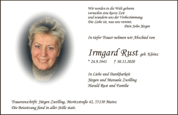 Traueranzeige von Irmgard Rust von vrm-trauer