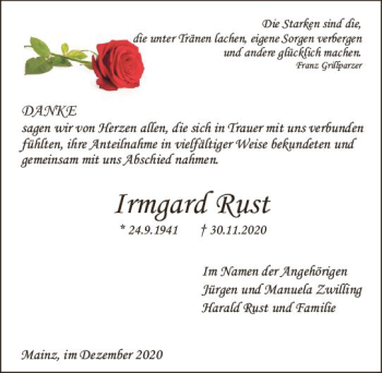 Traueranzeige von Irmgard Rust von vrm-trauer