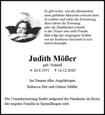 Traueranzeige von Judith Mößer von vrm-trauer
