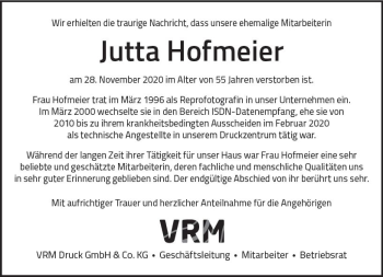 Traueranzeige von Jutta Hofmeier von vrm-trauer