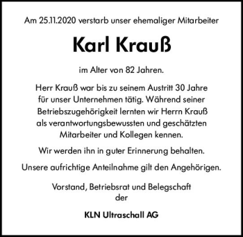 Traueranzeige von Karl Krauß von vrm-trauer