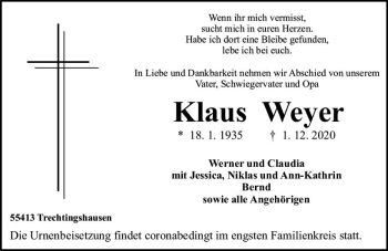 Traueranzeige von Klaus Weyer von vrm-trauer