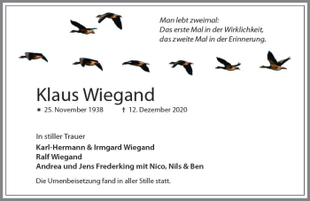Traueranzeige von Klaus Wiegand von vrm-trauer