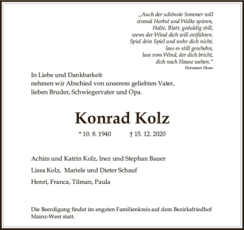 Traueranzeige von Konrad Kolz von vrm-trauer