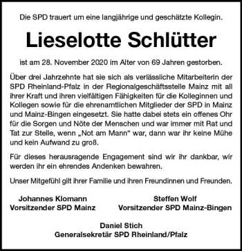 Traueranzeige von Lieselotte Schlütter von vrm-trauer