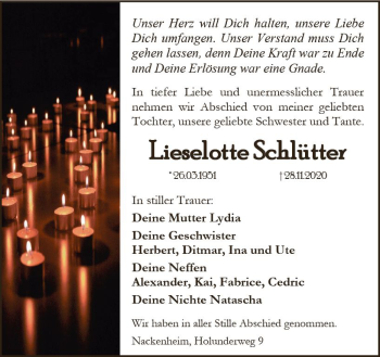 Traueranzeige von Lieselotte Schlütter von vrm-trauer