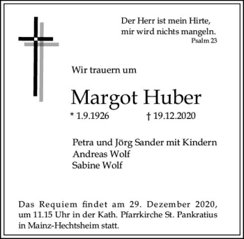 Traueranzeige von Margot Huber von vrm-trauer