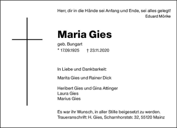 Traueranzeige von Maria Gies von vrm-trauer