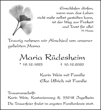 Traueranzeige von Maria Rüdesheim von vrm-trauer