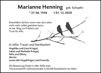 Traueranzeige von Marianne Henning von vrm-trauer