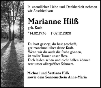 Traueranzeige von Marianne Hilß von vrm-trauer
