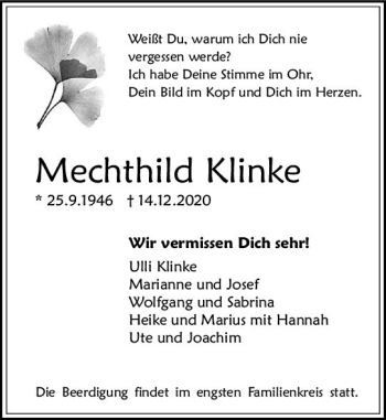 Traueranzeige von Mechthild Klinke von vrm-trauer