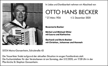 Traueranzeige von Otto Hans Becker von vrm-trauer