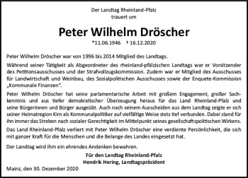 Traueranzeige von Peter Wilhelm Dröscher von vrm-trauer