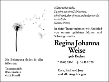 Traueranzeige von Regina Johanna Weise von vrm-trauer