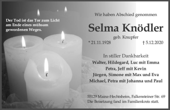 Traueranzeige von Selma Knödler von vrm-trauer