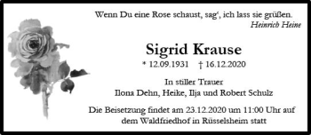 Traueranzeige von Sigrid Krause von vrm-trauer