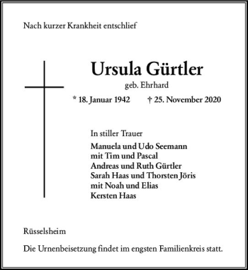 Traueranzeige von Ursula Gürtler von vrm-trauer