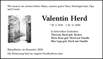 Traueranzeige von Valentin Herd von vrm-trauer