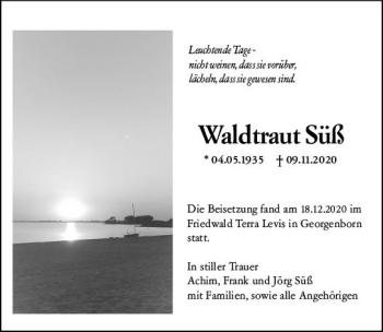 Traueranzeige von Waldtraut Süß von vrm-trauer