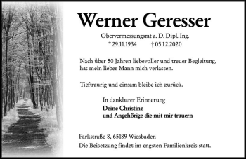 Traueranzeige von Werner Geresser von vrm-trauer