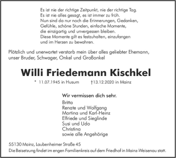 Traueranzeige von Willi Friedemann Kischkel von vrm-trauer