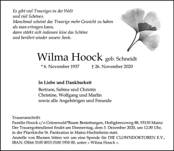 Traueranzeige von Wilma Hoock von vrm-trauer