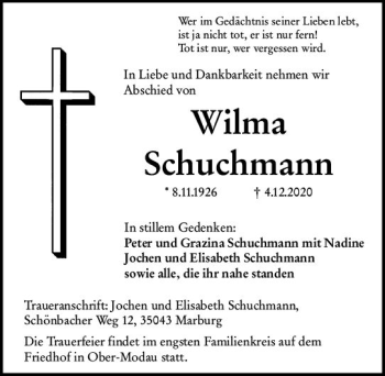 Traueranzeige von Wilma Schuchmann von vrm-trauer