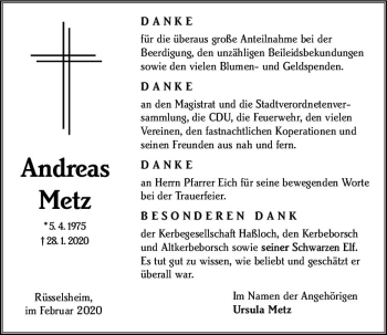 Traueranzeige von Andreas Metz von vrm-trauer