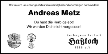 Traueranzeige von Andreas Metz von vrm-trauer