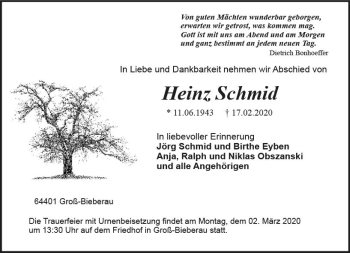 Traueranzeige von Heinz Schmid von vrm-trauer