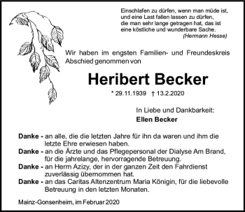 Traueranzeige von Heribert Becker von vrm-trauer