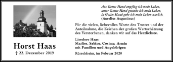 Traueranzeige von Horst Haas von vrm-trauer