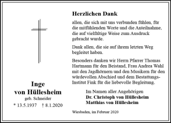 Traueranzeige von Inge von Hüllesheim von vrm-trauer