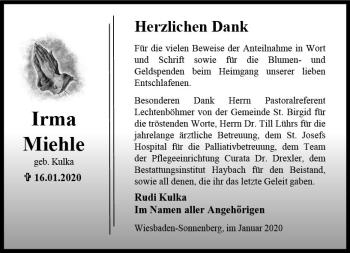 Traueranzeige von Irma Miehle von vrm-trauer