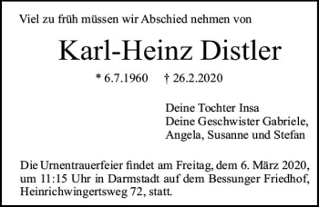 Traueranzeige von Karl-Heinz Distler von vrm-trauer
