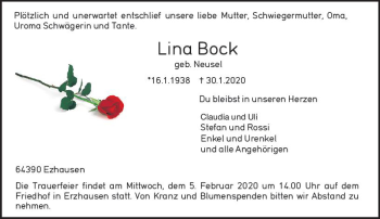 Traueranzeige von Lina Bock von vrm-trauer