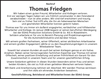 Traueranzeige von Thomas Friedigen von vrm-trauer