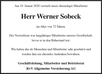 Traueranzeige von Werner Sobeck von vrm-trauer