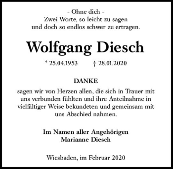 Traueranzeige von Wolfgang Diesch von vrm-trauer