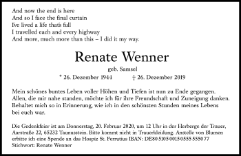 Traueranzeige von Renate Wenner  Traueranzeige von Renate Wenner