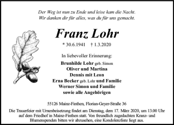 Traueranzeige von Franz Lohr von vrm-trauer