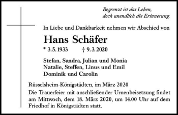 Traueranzeige von Hans Schäfer von vrm-trauer