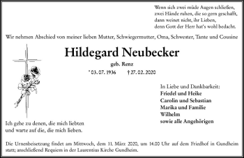 Traueranzeige von Hildegard Neubecker von vrm-trauer
