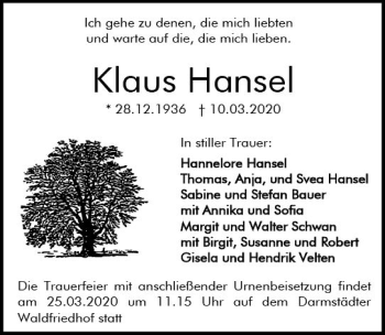 Traueranzeige von Klaus Hansel von vrm-trauer