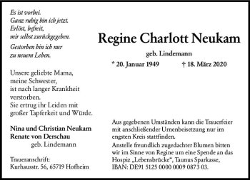 Traueranzeige von Regine Charlott Neukam von vrm-trauer