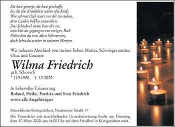 Traueranzeige von Wilma Friedrich von vrm-trauer