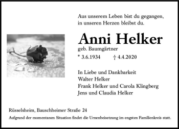 Traueranzeige von Anni Helker von vrm-trauer