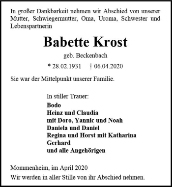 Traueranzeige von Babette Krost von vrm-trauer