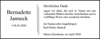 Traueranzeige von Bernadette Janneck von vrm-trauer
